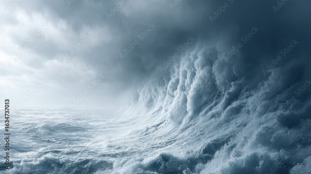 Obraz premium Tiny Surfer Facing a Colossal Wave Under a Dramatic Sky