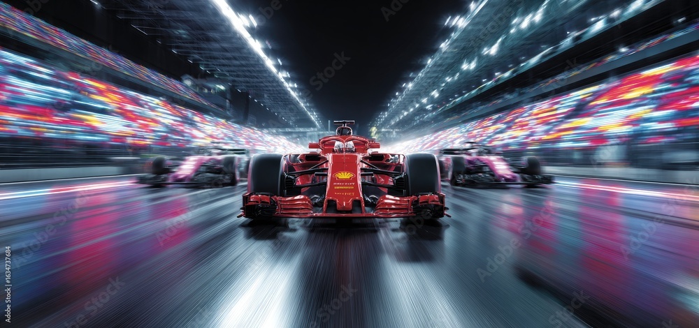Fototapeta premium A red Formula 1 race car leads a pack under bright track lights at night, motion blur showcasing intense speed