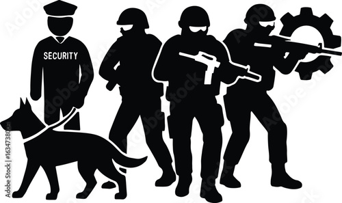 Group of security personnel with a dog and armed soldiers ready for action in a dangerous situation