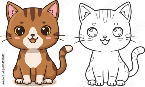 Cartoon cat coloring page, cute feline character, outline and colored version, kids activity, pet illustration, vector drawing, printable art