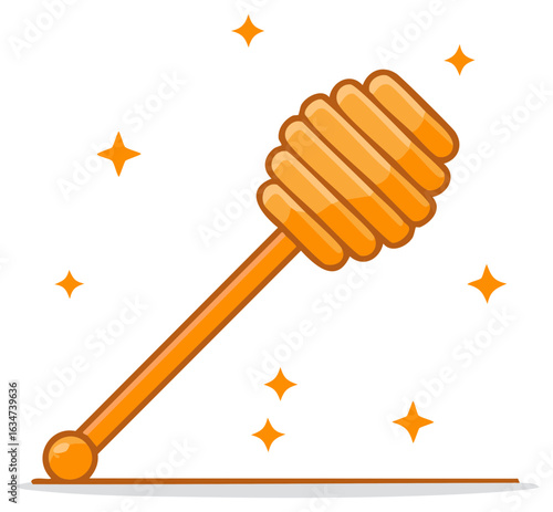 Bright orange honey dipper with swirling grooves and sparkly starbursts