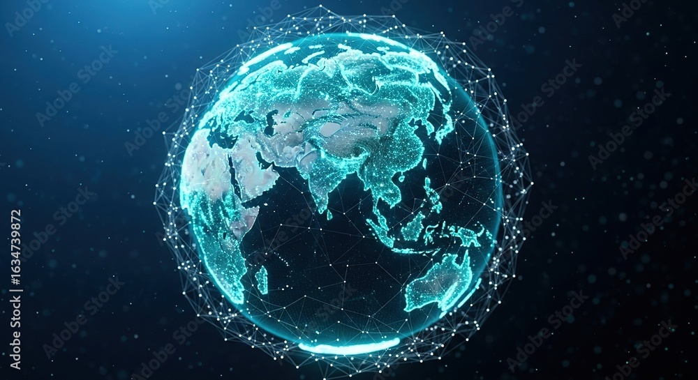Fototapeta premium Glowing cyan digital Earth is surrounded by a geometric network on dark background