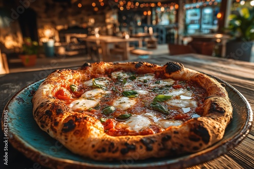 Pizza Napoletana fresh from wood-fired oven in sunlit rustic Italian setting