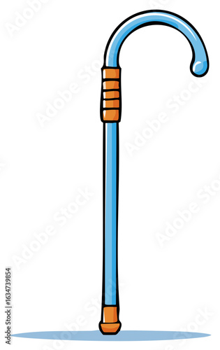Simple cartoon walking stick with a curved blue handle and orange grip details