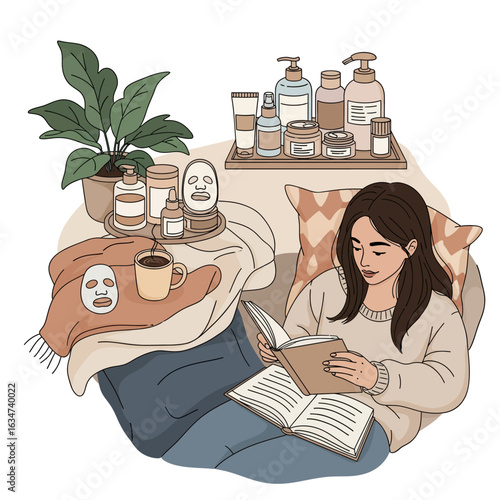 A young woman relaxes at home, reading a book surrounded by skincare products and plants.