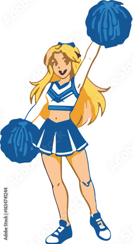 Cheerleader in blue outfit, white trim, pom-poms raised, blonde hair, energetic pose, crop top, sneakers, ribbon, vibrant sports illustration