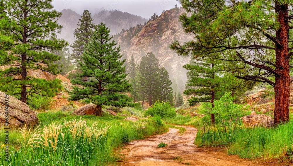 Obraz premium Misty mountain path through green trees and rocks