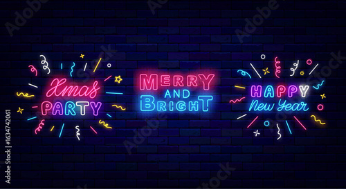 Xmas party neon signboards set. Merry and Bright. Confetti firework. Night club evening, Vector stock illustration