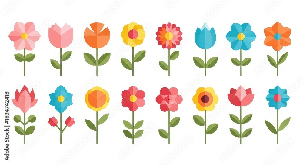 Obraz premium Flat illustration of a vibrant collection of flat design flowers in various colors and shapes arranged in two rows
