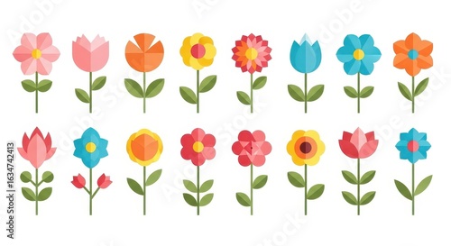 Flat illustration of a vibrant collection of flat design flowers in various colors and shapes arranged in two rows