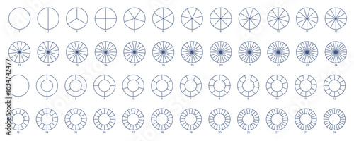 Segment slice line art. Pie chart icon. Wheel round diagram part. Circle section graph. 2,3,4,5,6 segment infographic. Five phase, six circular cycle. Geometric element. Vector illustration