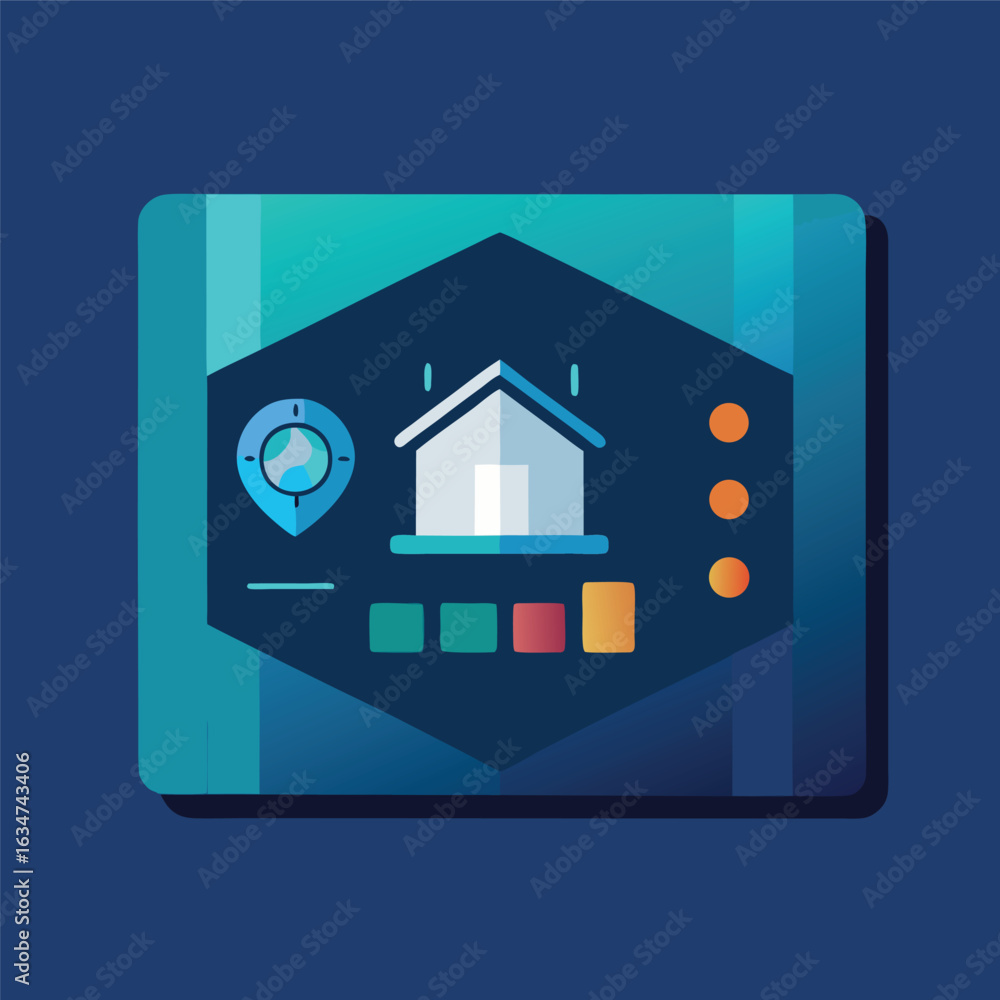 Fototapeta premium A metal internet button displays a home icon with a building symbol on a blue background, representing a concept for web design and real estate