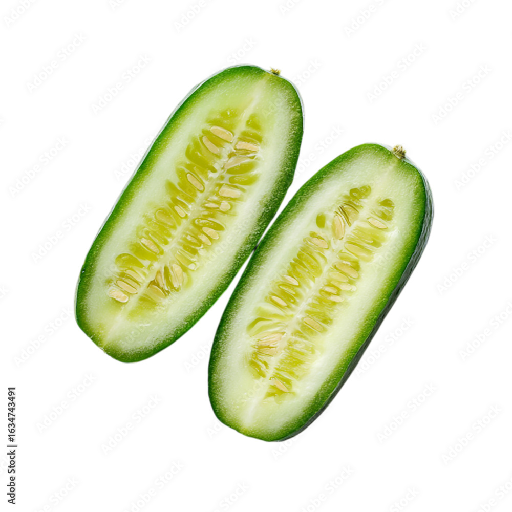 two Half Cut Cucumber with Juicy Interiorr on transparent background two Half Cut Cucumber with Juicy Interiorr on transparent background