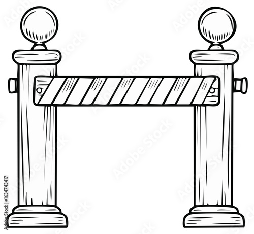 Illustration of wooden barrier with striped bar, cartoon style design, black and white