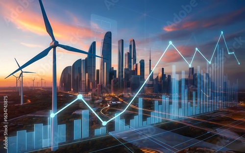 Wind turbines with city skyline and financial graph showing growth in the renewable energy market and investment trends