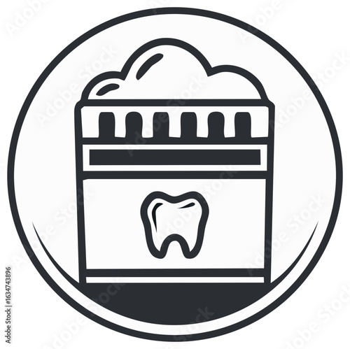 Stylized icon of a tube of toothpaste with a tooth symbol on it inside a circular frame