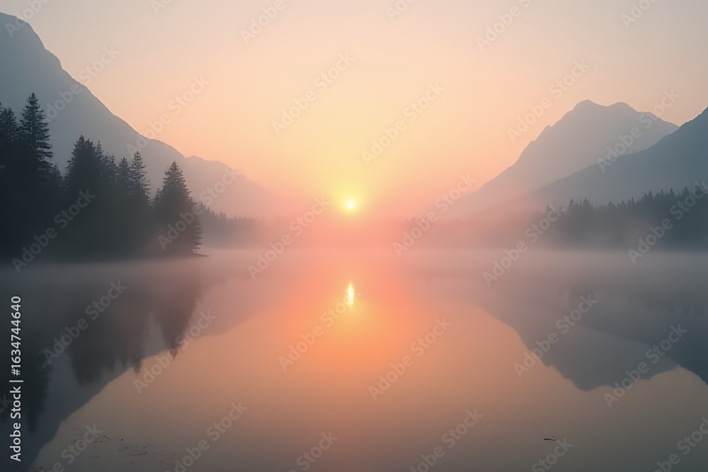 Fototapeta premium Serene Sunrise over Misty Mountain Lake