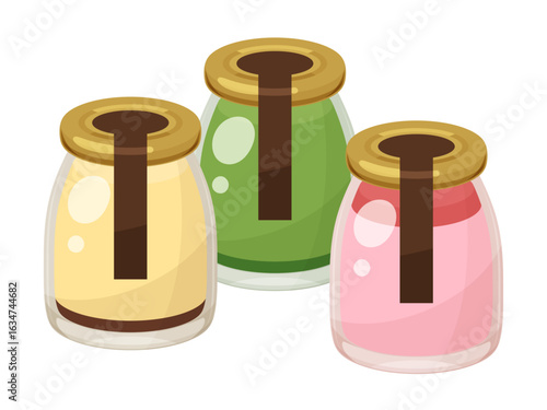 瓶に入ったプリンのイラスト_カスタードと抹茶と苺