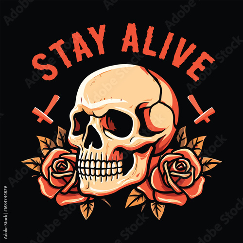 Human skull with red roses and crosses text stay alive vector
