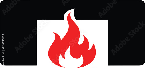 Illustration of a fireplace with a bright red flame emanating from within the dark rectangular structure