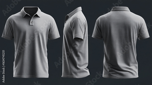 Minimalist deep gray polo t-shirt mock-up for a clean and modern look. Simple yet effective front, side, and back view. An elegant t-shirt mock-up template.