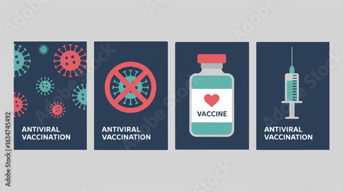 Four minimalist medical posters showing viruses vaccine and syringe coronavirus covid