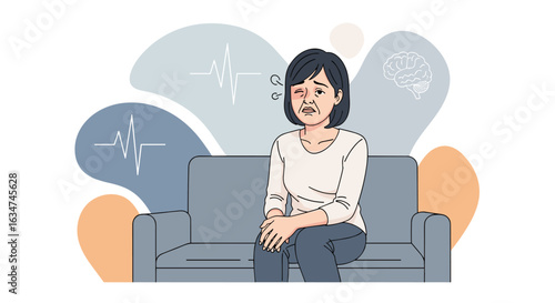 Flat vector of woman showing stroke symptoms while sitting on sofa – facial droop, dizziness, neurological disorder, early signs of stroke, health emergency concept, medical education illustration