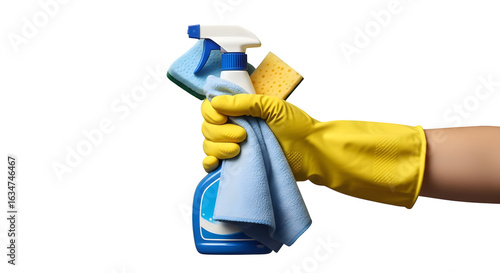 Hand with glove holding cleaning spray and cloths png, transparent, white background, ai generated, 