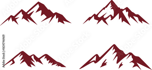 Maroon Mountain Peaks Silhouettes Illustration Against a White Background with Four Distinct Representations of Jagged and Rugged Mountainous Terrain Shapes Art