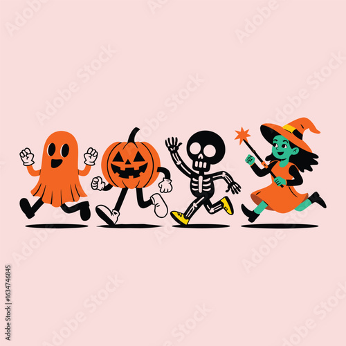 Orange ghost jack o lantern skeleton and witch running together on pink background halloween pumpkin