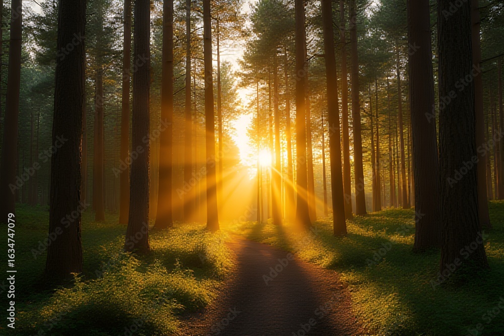 Fototapeta premium Sunbeams through the Forest Path