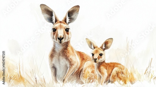 adorable watercolor kangaroo mommy with baby joey, white background