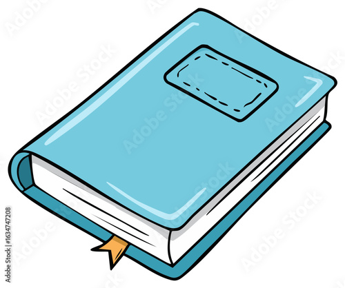 Illustrated light blue hardcover book with a small orange bookmark and blank label, reading material