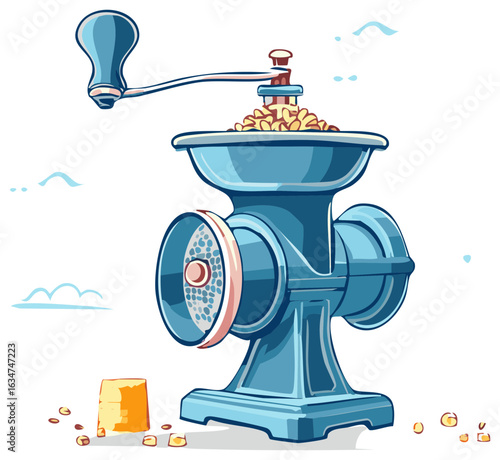 Vintage Blue Meat Grinder with Pile of Grain and Food Cube Illustration
