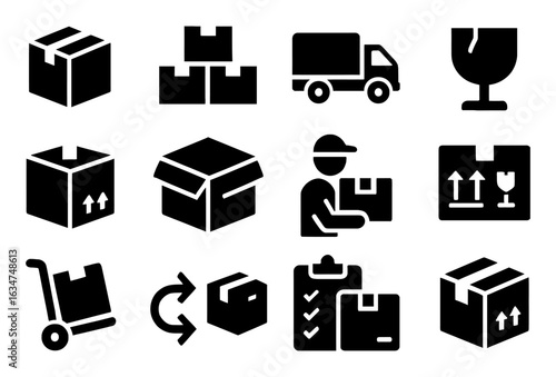 Bold icons of package handling and delivery with a modern touch