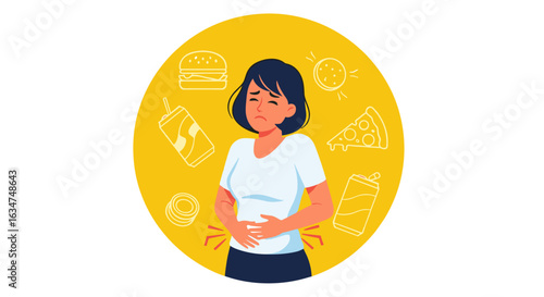 A young woman experiences stomach pain and indigestion, illustrated with common fast food items surrounding her in a vibrant yellow circle.