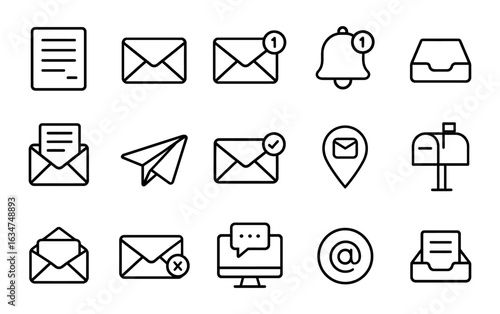 Simple linear icons of mail and messaging notifications for digital communication
