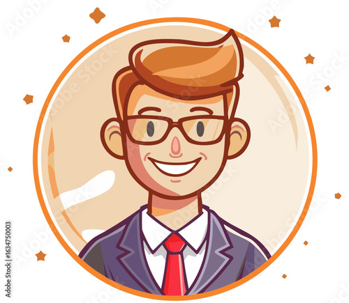 Smiling Cartoon Man in Suit and Glasses in Orange Circle