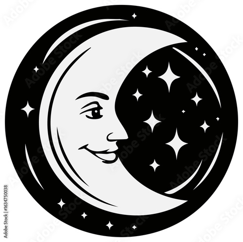 Anthropomorphic Crescent Moon with Stars and Smiling Face in Night Sky
