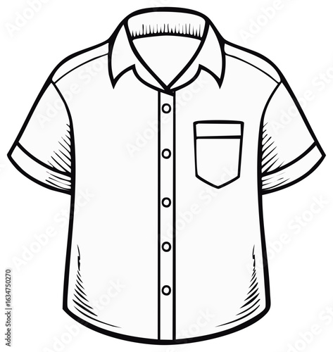Black and White Illustration of a Button Down Short Sleeved Shirt