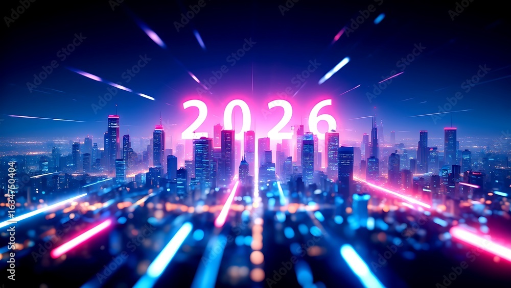 Fototapeta premium Vibrant 2026 new year with light trails and futuristic city skyline at night