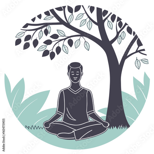 Laptop User Silhouette | Work from Home Vector Meditation Under Tree Silhouette | Peaceful Mind Vector
