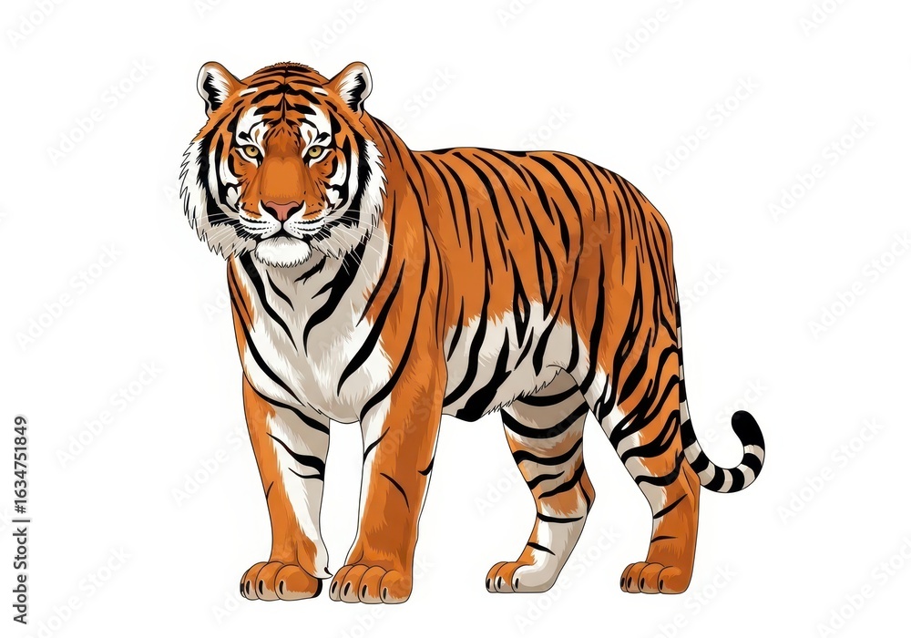 Obraz premium Flat illustration of a majestic tiger stands proudly, showcasing its iconic orange fur and bold black stripes