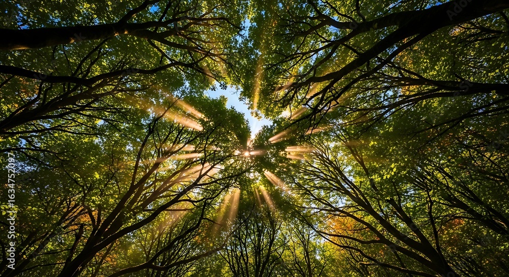 Obraz premium Sunlight streaming through the trees in a lush green forest canopy