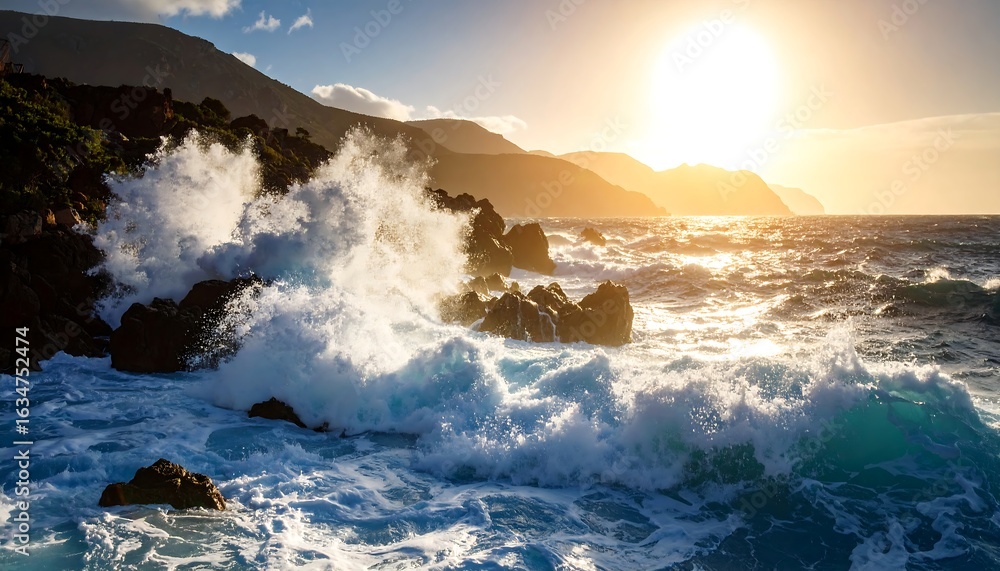 Obraz premium Dramatic sunset over a rocky coastline with powerful ocean waves crashing against the shore