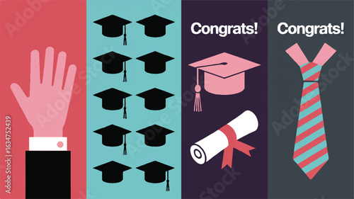 Minimalist graduation theme with graduation caps diploma and tie mortarboard tassel