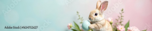 Pastel bunny holding speckled egg, flat lay style, flatlay, celebration, cute