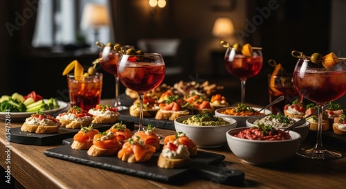 Elegant appetizer spread with cocktails.  Various finger foods, dips, and drinks arranged on a wooden table