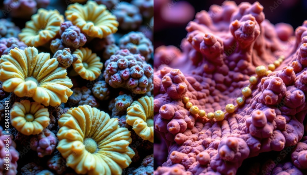 Fototapeta premium Close-up of colorful coral colonies showcasing intricate textures and vibrant colors in an underwater marine environment with detailed formations and natural beauty