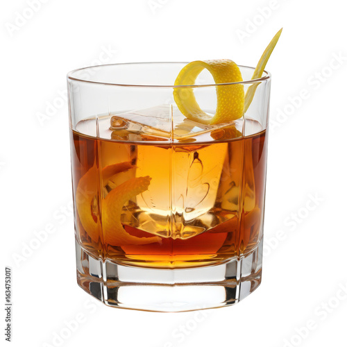 Classic old fashioned cocktail with orange twist isolated on transparent background